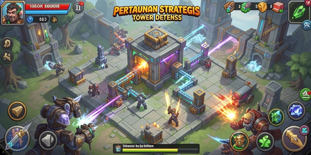 Tangkapan layar <strong>8ZK</strong> menunjukkan aksi menara bertahan menghadapi gelombang musuh.