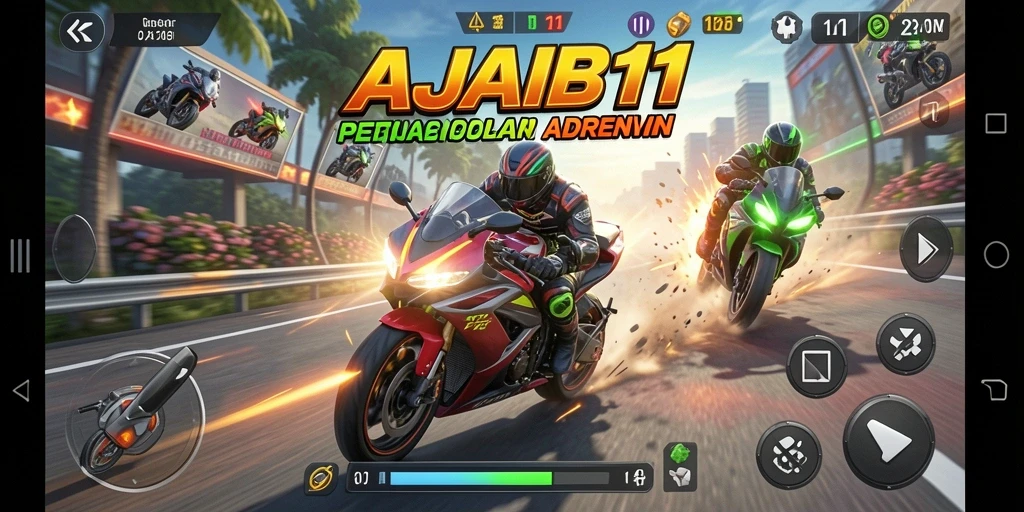 Tampilan aksi mendebarkan dari gameplay AJAIB11 saat balapan motor.