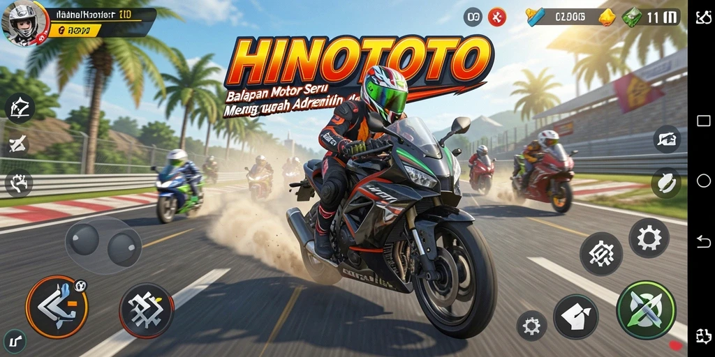 Tampilan gameplay balapan motor HINOTOTO yang seru dan mendebarkan.
