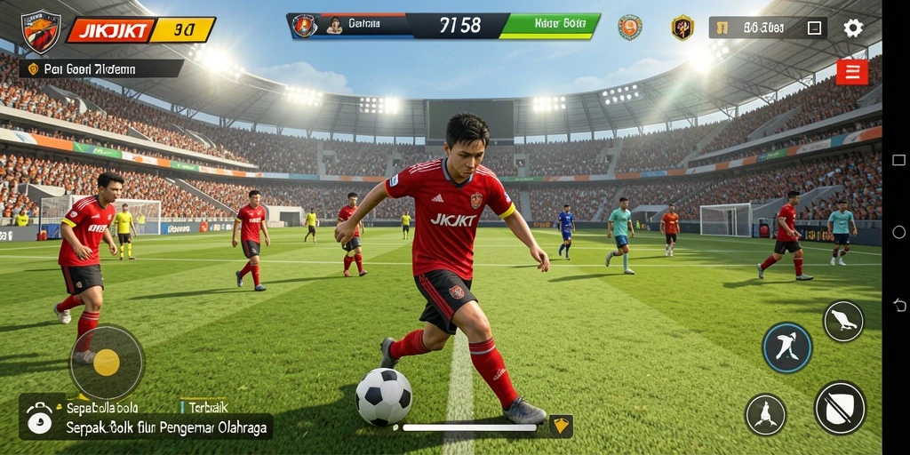 Screenshot JKTJKT menampilkan aksi seru di lapangan sepak bola.